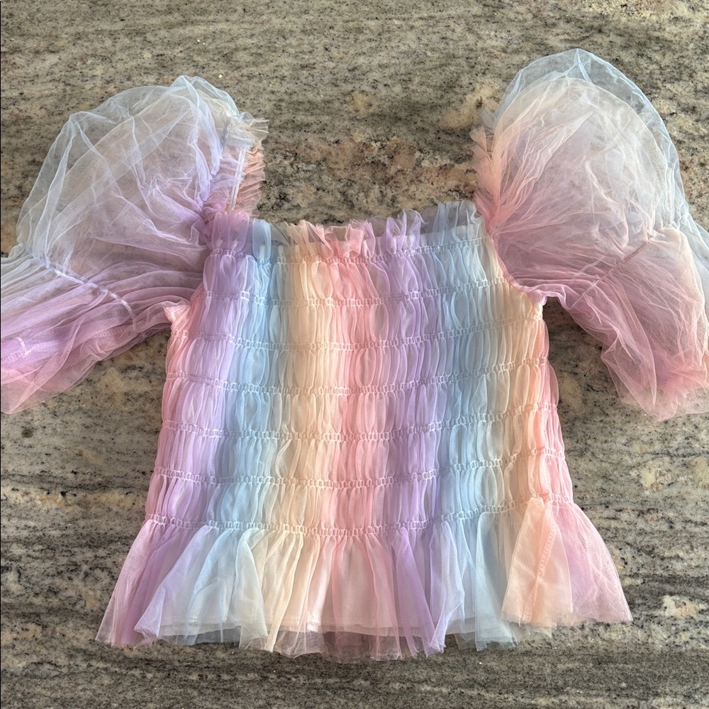 NWOT 🧚 Fairycore Rainbow Puff Sleeve Blouse Tulle Shired Top Sz S - Picture 8 of 9